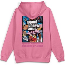 Overoz Gta Vice City Sırt Baskılı Kapüşonlu Yarı Oversize Sweatshirt Pembe Hoodie 1314