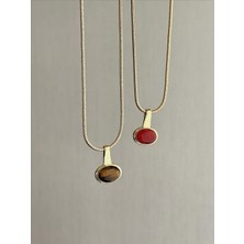 QA Quella Accessories Özel Seri Doğal Taş Kırmızı-Kahve 14K Gold Kolyeler 42 cm - Açık Bordo