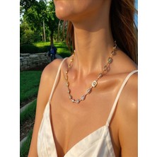 QA Quella Accessories Rodyum Zirkon Tasarım  14K Gold Kolye 48 cm