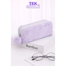 Bambus Home Peluş Çift Gözlü Bölmeli Okul Için Ponponlu Çok Amaçlı Organizer Kalemlik Kalem Kutusu