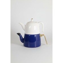 Feyza Design Porselen Üst Demlik ve Lacivert Emaye Alt Çaydanlık Ikili Set