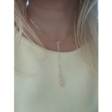 QA Quella Accessories Rodyum Yassı Arpa Zincir 14K Altın Kaplama Gold Y Dekolte Kolye 45+5 cm