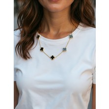QA Quella Accessories Çelik Siyah Yonca Sıralı Altın Kaplama Gold Kolye 40+5 cm