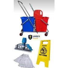 Özgürce Çift Kovalı Krom Temizlik Arabası ve Islak Mop Seti