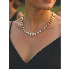 QA Quella Accessories Rodyum Zirkon Üçgen Sallantılı Plaka 14K Gold Kolye 43+5 cm