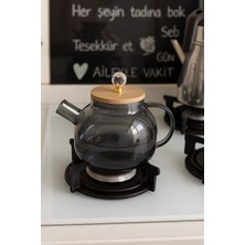 Feyza Design Borosilikat Cam Bitki Çayı Demliği, 1000 Ml, Füme, Bambu Kapaklı, Kristal Detaylı