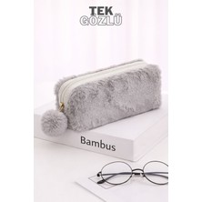 Bambus Home Peluş Tek Gözlü Bölmeli Okul Için Ponponlu Çok Amaçlı Organizer Kalemlik Kalem Kutusu