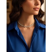 QA Quella Accessories Rodyum Vc  Yonca Zirkon 14 Ayar Altın Kaplama Gümüş & Gold Kolye 40+2 cm - Gümüş