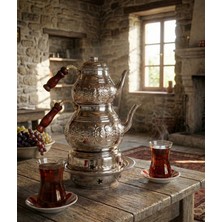 Feyza Design Bakır Çaydanlık Takımı Reşo'lu Işlemeli Nikel Kaplamalı
