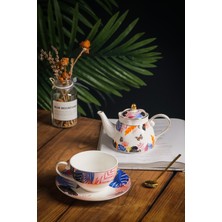 Feyza Design Kelebek Desenli Çay ve Kahve Fincanı ile Porselen Demlik Seti