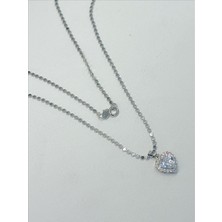 QA Quella Accessories Çelik Mini Yassı Arpa Ezme Zincir Zirkon Kalp Sallantılı 14K Gümüş Kolye 50 cm