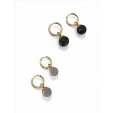 QA Quella Accessories Çelik Kristal Top Sallantılı Halka Siyah & Beyaz Gold Küpeler - Beyaz