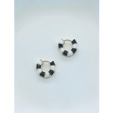 QA Quella Accessories Xuping Vintage Siyah-Beyaz Mineli Mini Halka 14K Altın Kaplama Gold Küpe