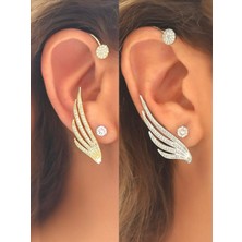 QA Quella Accessories Özel Seri  Deliksiz Zirkon Kanat Gümüş & 14K Gold Earcuff Küpe - Gold