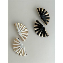 QA Quella Accessories Özel Seri Deri Yelpaze  Siyah & Beyaz 14 Ayar Altın Kaplama Gold Küpe - Siyah