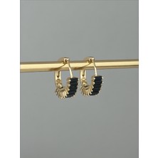 QA Quella Accessories Rodyum Halka Siyah Kristal Taş Baget Zirkon 14 Ayar Altın Kaplama Gold Küpe