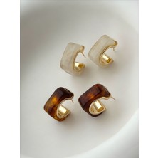 QA Quella Accessories Özel Seri Kare Akrilik Kahve & Krem 14 Ayar Altın Kaplama Gold Halka Küpe - Kahverengi