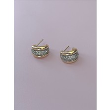 QA Quella Accessories Çelik Çift Renk Mini Halka Kıvrım Zirkon 14K Altın Kaplama Gold Küpe