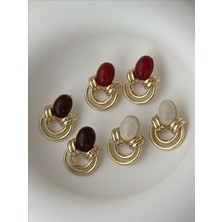 QA Quella Accessories Özel Seri Mng Vintage  Kahve & Krem & Kırmızı 14K Altın Kaplama Gold Küpeler - Krem