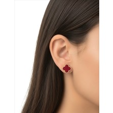 QA Quella Accessories Çelik Yonca   Kırmızı 14K Altın Kaplama Gold Küpe