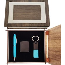 Emh Store Özel Ahşap Kutulu Mavi Kalem Anahtarlık ve Çakmak Set