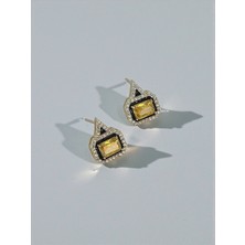 QA Quella Accessories Özel Seri Sarı-Siyah Kristal Beyaz Zirkon Kare 14K Gold Küpe