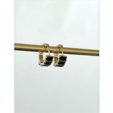 QA Quella Accessories Rodyum Mini Kalın Halka Siyah Baget Zirkon Taş 14 Ayar Altın Kaplama Gold Küpe