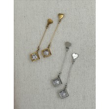 QA Quella Accessories Çelik Kare Zirkon Sallantılı Kalp Gümüş & Gold Küpe - Gold