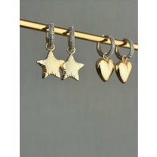 QA Quella Accessories Özel Seri Halka Zirkon Kalp & Yıldız Gümüş-Gold Küpeler - Kalp