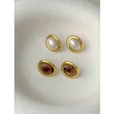 QA Quella Accessories Özel Seri Bombe Oval Kahve & Beyaz 14 Ayar Altın Kaplama Gold Küpe - Beyaz