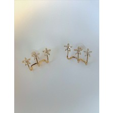 QA Quella Accessories Rodyum Üçlü Görünüm Zirkon Gold Çiçek Küpe