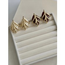 QA Quella Accessories Özel Seri Tasarım Yaprak  Krem & Kahve 14 Ayar Altın Kaplama Gold Küpe - Kahverengi