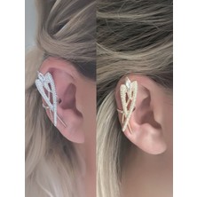 QA Quella Accessories Rodyum Tasarım Büyük Earcuff Zirkon Gümüş & 14 Ayar Gold Kıkırdak Küpe - Gold