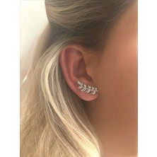QA Quella Accessories Rodyum Çelik Kaplama Earcuff Yaprak Zirkon Gümüş Kıkırdak Küpe