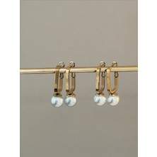 QA Quella Accessories Çelik Oval Mavi & Beyaz Inci Sallantılı Gold Küpeler - Beyaz