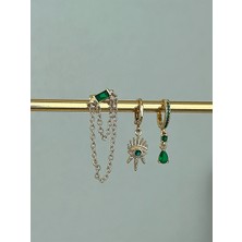 QA Quella Accessories Özel Seri Üçlü Yeşil Zirkon Göz Sallantılı Gold Küpe