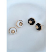 QA Quella Accessories Özel Seri Güneş Detay Düğme Siyah & Beyaz Gold Küpe - Siyah
