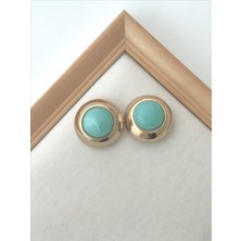 QA Quella Accessories Özel Seri Vintage  14 Ayar Altın Kaplama Turkuaz Düğme Gold Küpe