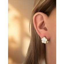 QA Quella Accessories Çelik   Zirkon-Sedef Çift Taraflı Yonca Gold Küpe