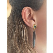 QA Quella Accessories Özel Seri Tasarım Siyah Plaka Sallantılı Gold Küpe