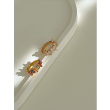 QA Quella Accessories Özel Seri  Prenses Zirkon Renkli & Beyaz Taş Gold Earcuff Kıkırdak Küpeler - Beyaz