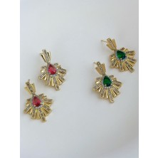 QA Quella Accessories Çelik Güneş Form Zirkon Taş Pembe & Yeşil 14K Altın Kaplama Gold Küpeler - Pembe