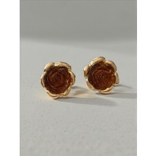 QA Quella Accessories Özel Seri M  Kahverengi Çiçek  14 Ayar Altın Kaplama Gold Küpe