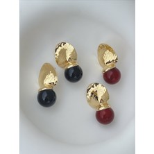 QA Quella Accessories Özel Seri Zr  Gold Plaka Top Sallantılı Bordo & Siyah 14K Gold Küpe - Siyah