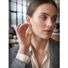 QA Quella Accessories Özel Seri Zr Etnik Çiçek  Sallantılı Gümüş-Gold Küpe