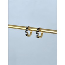 QA Quella Accessories Rodyum Zikzak Halka Siyah Zirkon Kristal Taş 14 Ayar Altın Kaplama Gold Küpe