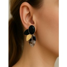 QA Quella Accessories Özel Seri Yelpaze Yaprak Siyah Gold Küpe