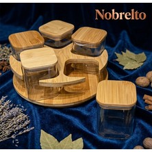 Nobrelto Nobrelto Bambu Standlı 530 ML Vakum Kapaklı Cam Baharatlık Seti - 6 Parça Döner Standlı Mutfak Düzenleyici