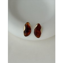 QA Quella Accessories Özel Seri Doğal Taş Tasarım Kahverengi 14 Ayar Altın Kaplama Gold Küpe