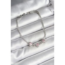 Emh Store Pirinç Sıralı Pembe Kalp Figürlü Zirkon Taşlı Gümüş Renk Kadın Bileklik - TJ-BB6982